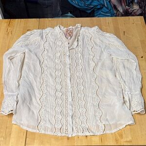 Johnny Was Ivory Lace-Trim Button Front Blouse